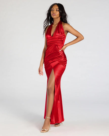 Joanne Halter Slit Mermaid Satin Formal Dress
