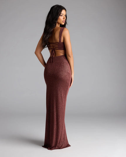 Brittney Lace-Up Slit Bodycon Glitter Formal Dress