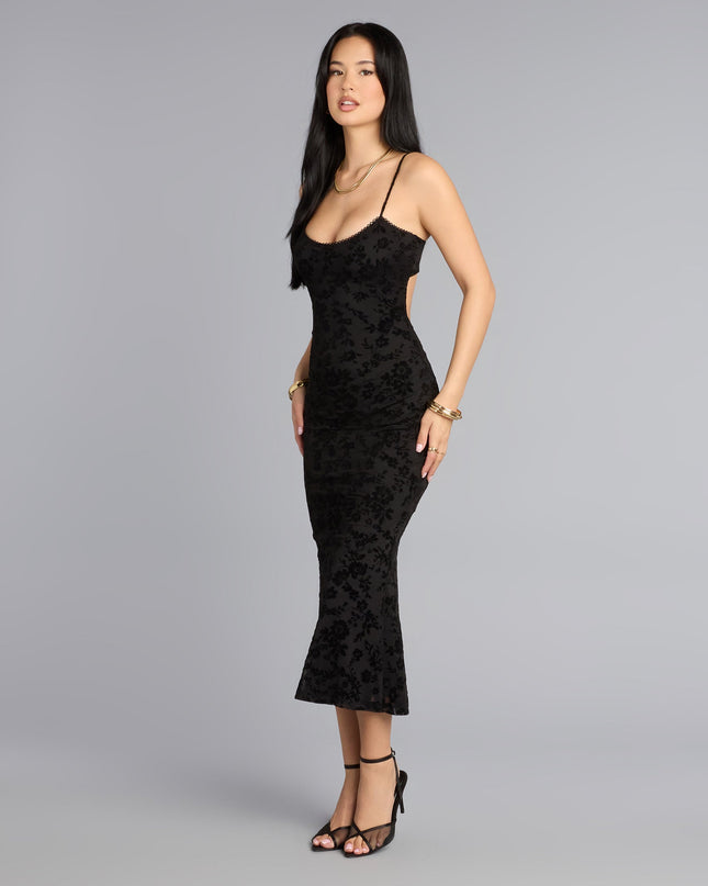 Style a midi dress like Barely Blushing Velvet Mesh Midi Dress in black with a balanced silhouette, comfortable fit, and versatile design for any occasion.