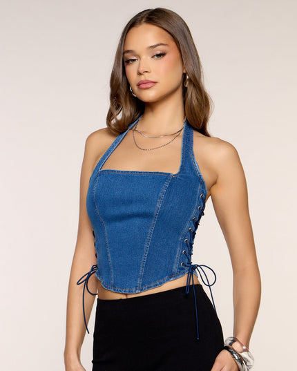 Side Lace Up Denim Bustier Top