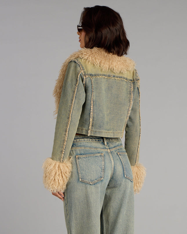 This piece brings trend-right energy to the Scene Stealer Faux Fur Crop Denim Jacket, perfect for fall outfits that stand out.