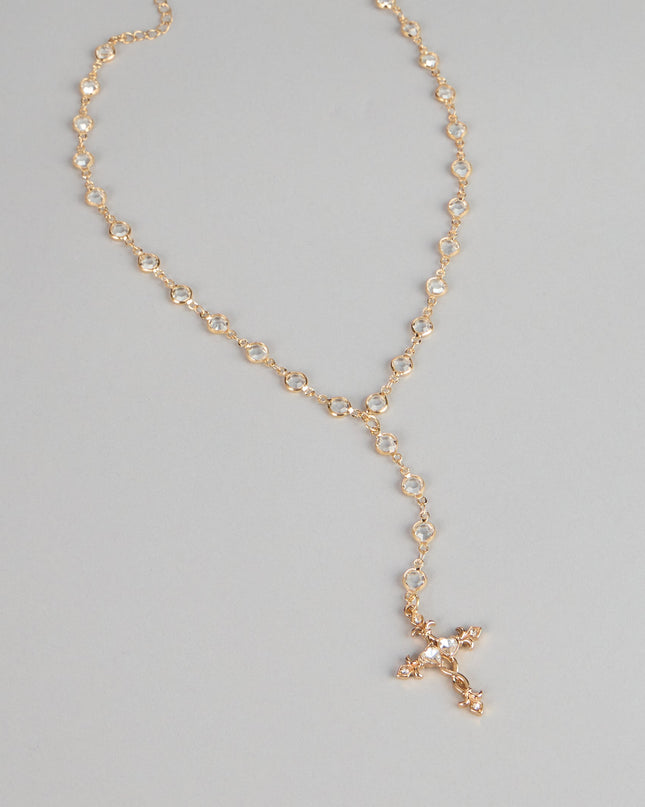 Soft Glow Rhinestone Cross Lariat Necklace