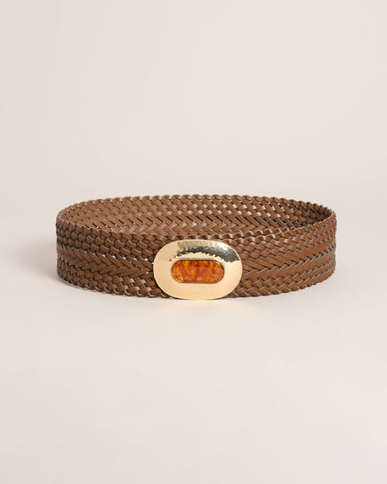 Retro Wrapped Woven Faux Leather Stone Buckle Belt