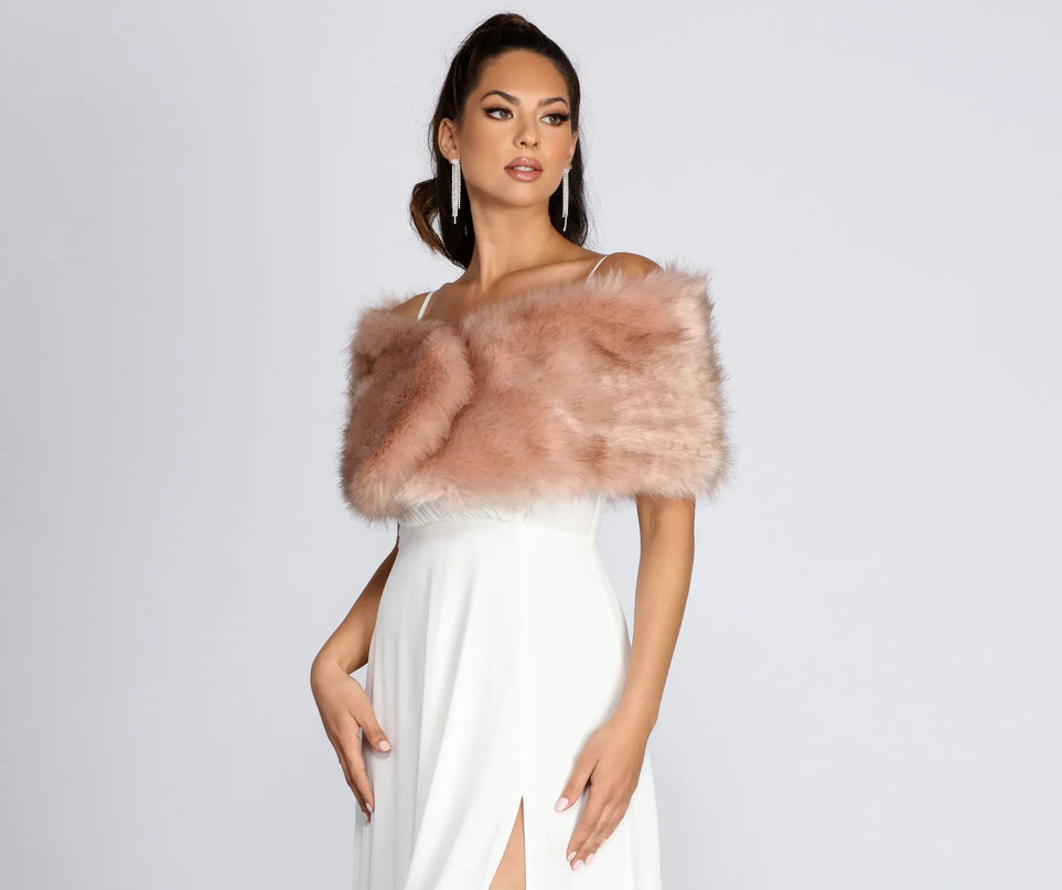 Complete your outfits with the Ms. Diva Faux Fur Shawl, a mauve fashion jacket that adds stylish edge and versatile appeal.