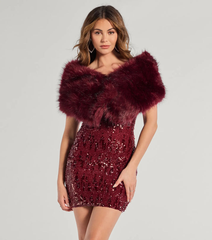 Whether you're dressing up for a romantic date or a Galentine's event, the Ms. Diva Faux Fur Shawl in burgundy is the perfect accessory to elevate your Valentine's Day outfit.